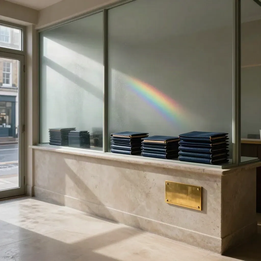 Empty Georgian legal office with frosted glass, navy case wallets, brass plaque and rainbow light.