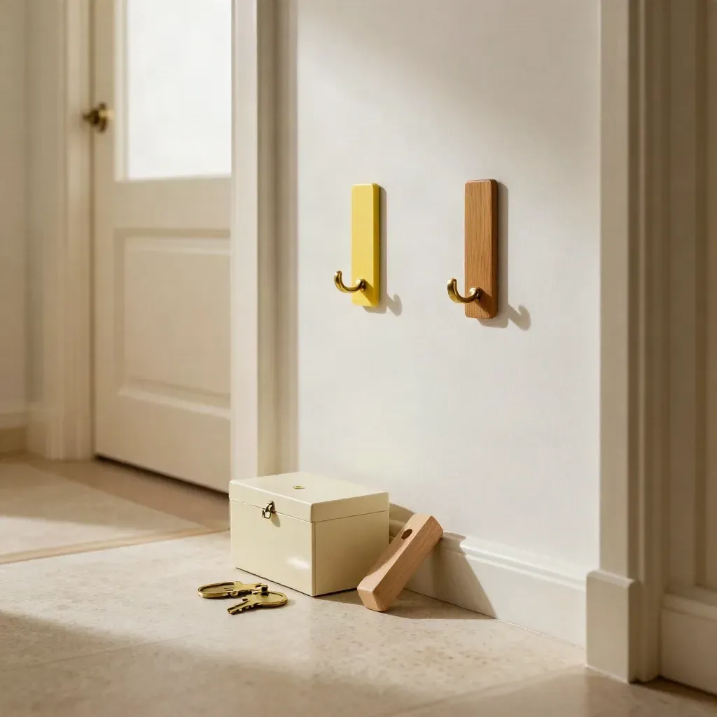 Quiet hallway with key trays, keepsake box, block, and hooks in calm split-space balance.