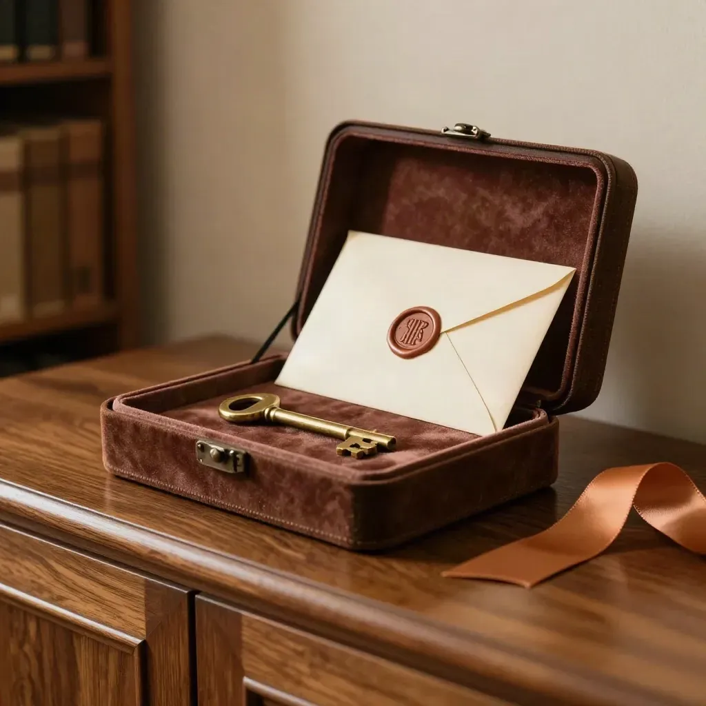 Keepsake box, brass key, sealed envelope and ribbon on walnut