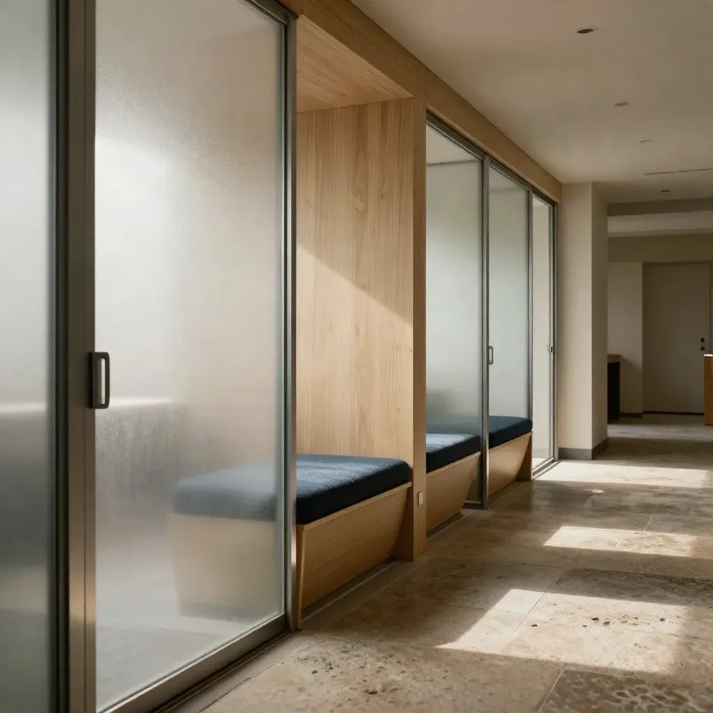 Quiet legal office corridor with frosted glass, navy bench, and polished stone floor.