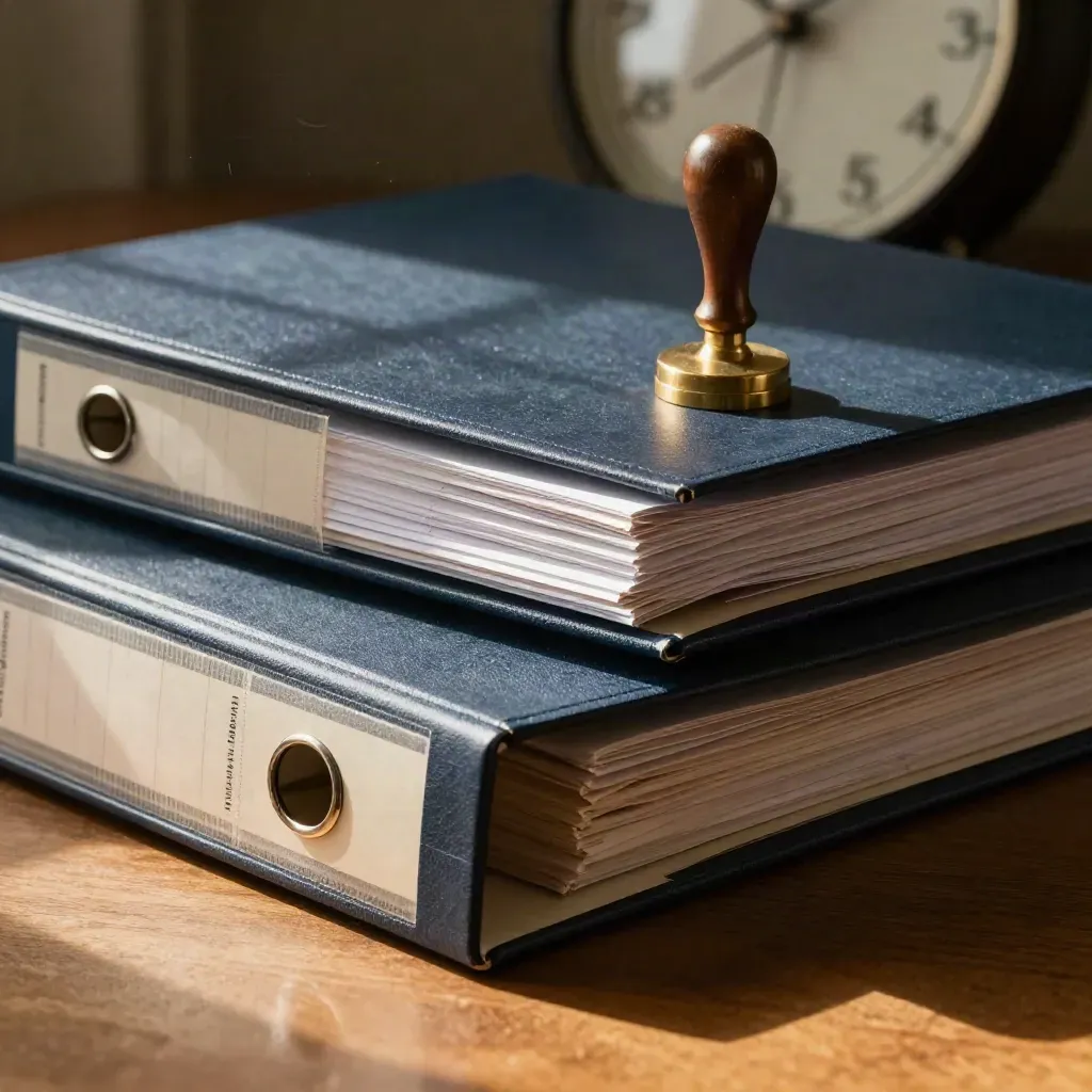 Binder folders, brass stamp and wall clock on a warm oak tribunal prep surface.
