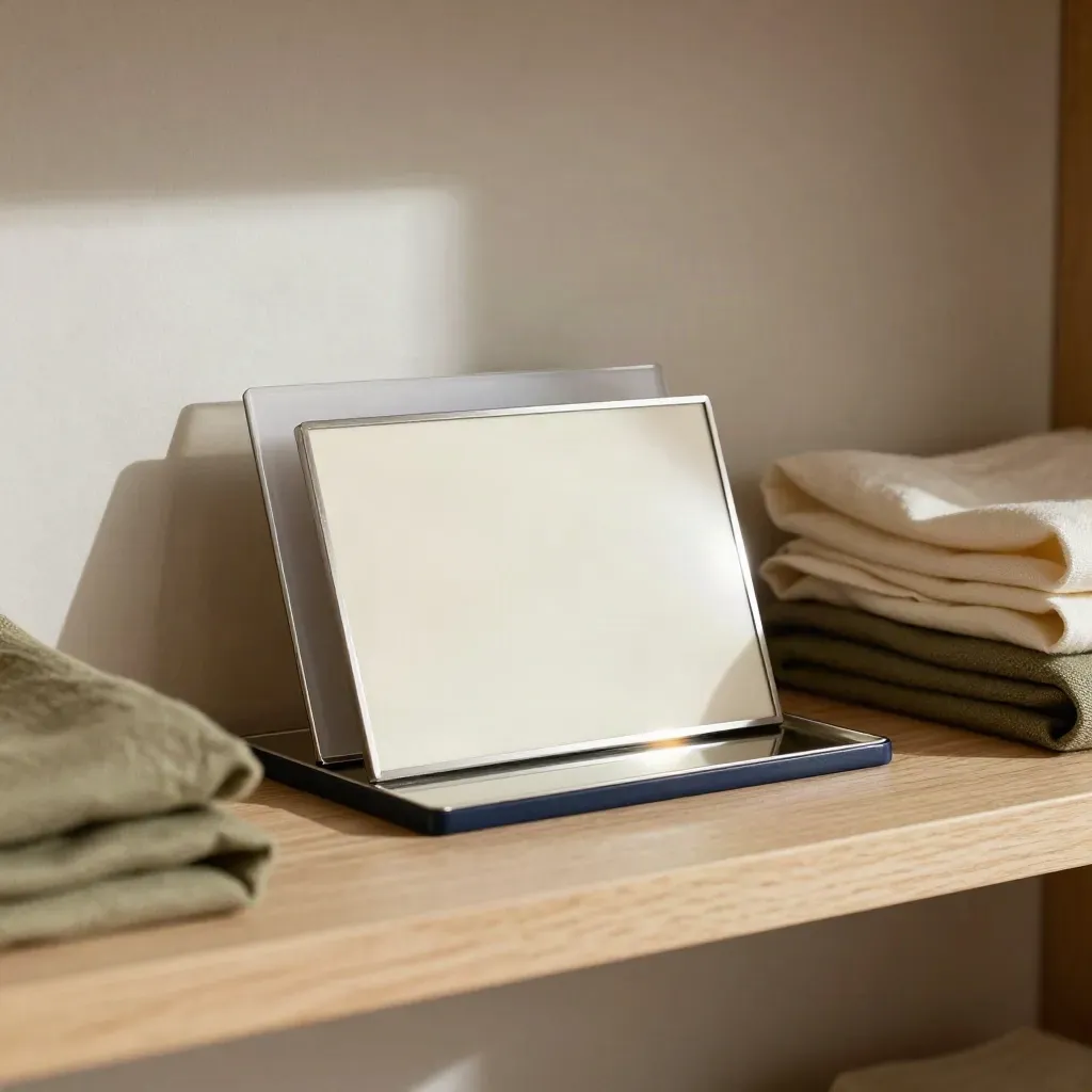 Shelf corner with blank nameplate holder, identity sleeves, mirror edge, and folded neutral fabric.