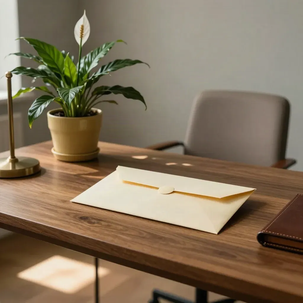 Sealed compensation envelope on a tidy legal workstation beside a fresh plant and empty chair.