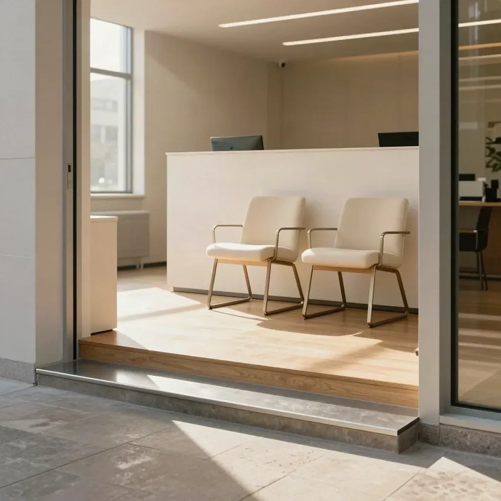 Sunlit accessible office entrance with ramp, privacy screen, and two cream chairs