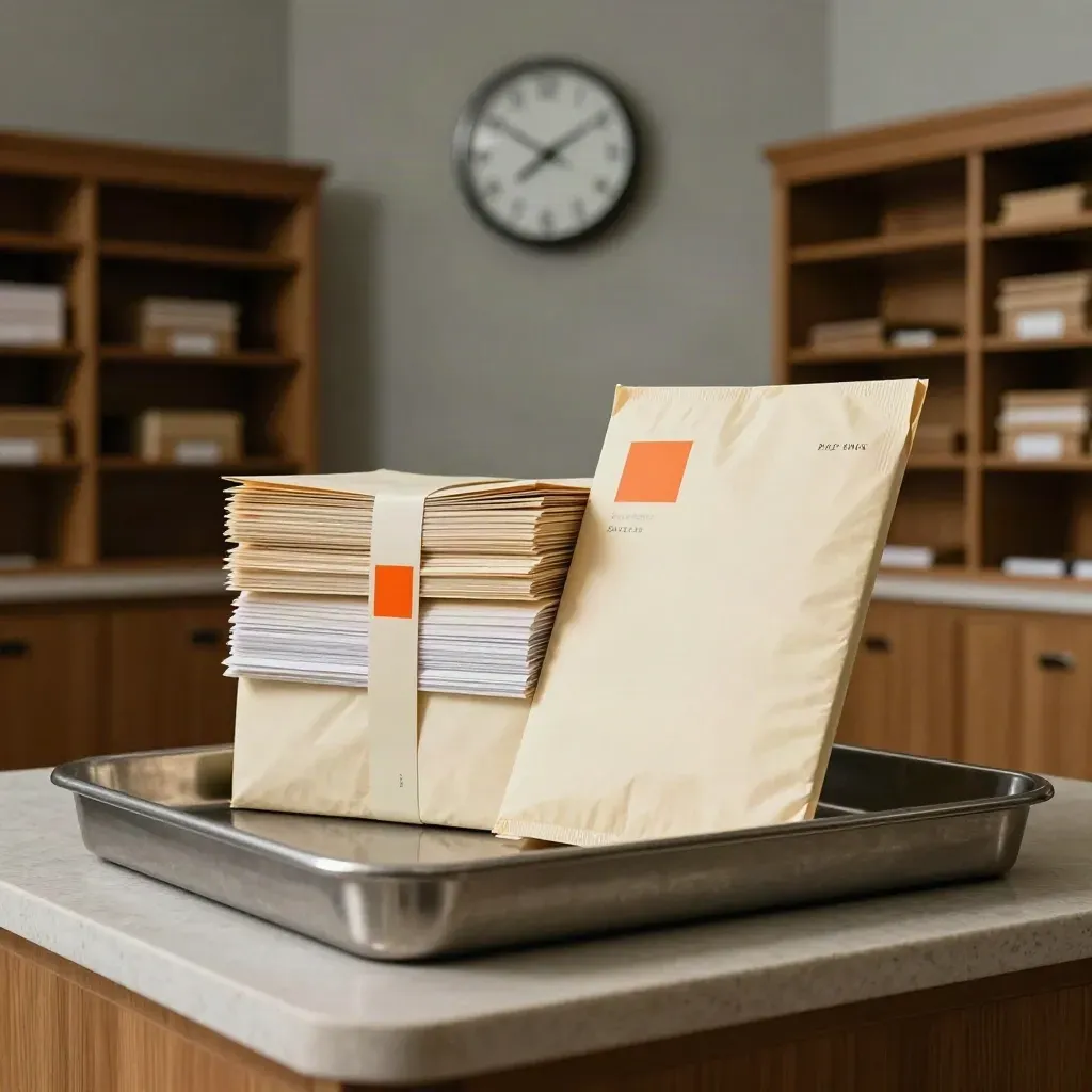 Legal filing tray, witness folders and wall clock in a quiet document dispatch bay.
