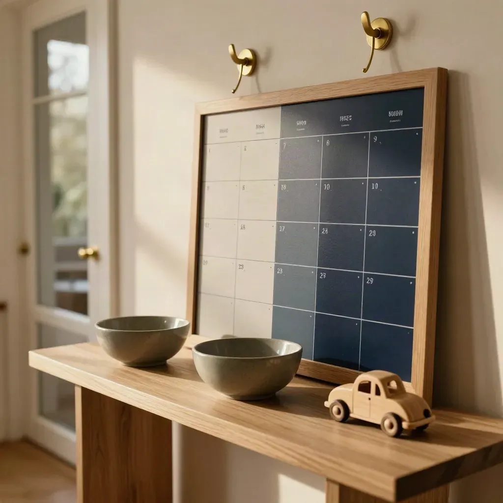 Warm hallway console with key bowls, weekly board and toy car in calm afternoon light.