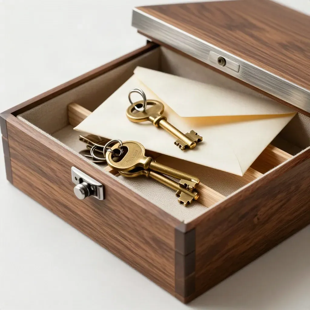 Brass keys and a cream envelope in a legacy box with stacked keepsake compartments on warm wood.
