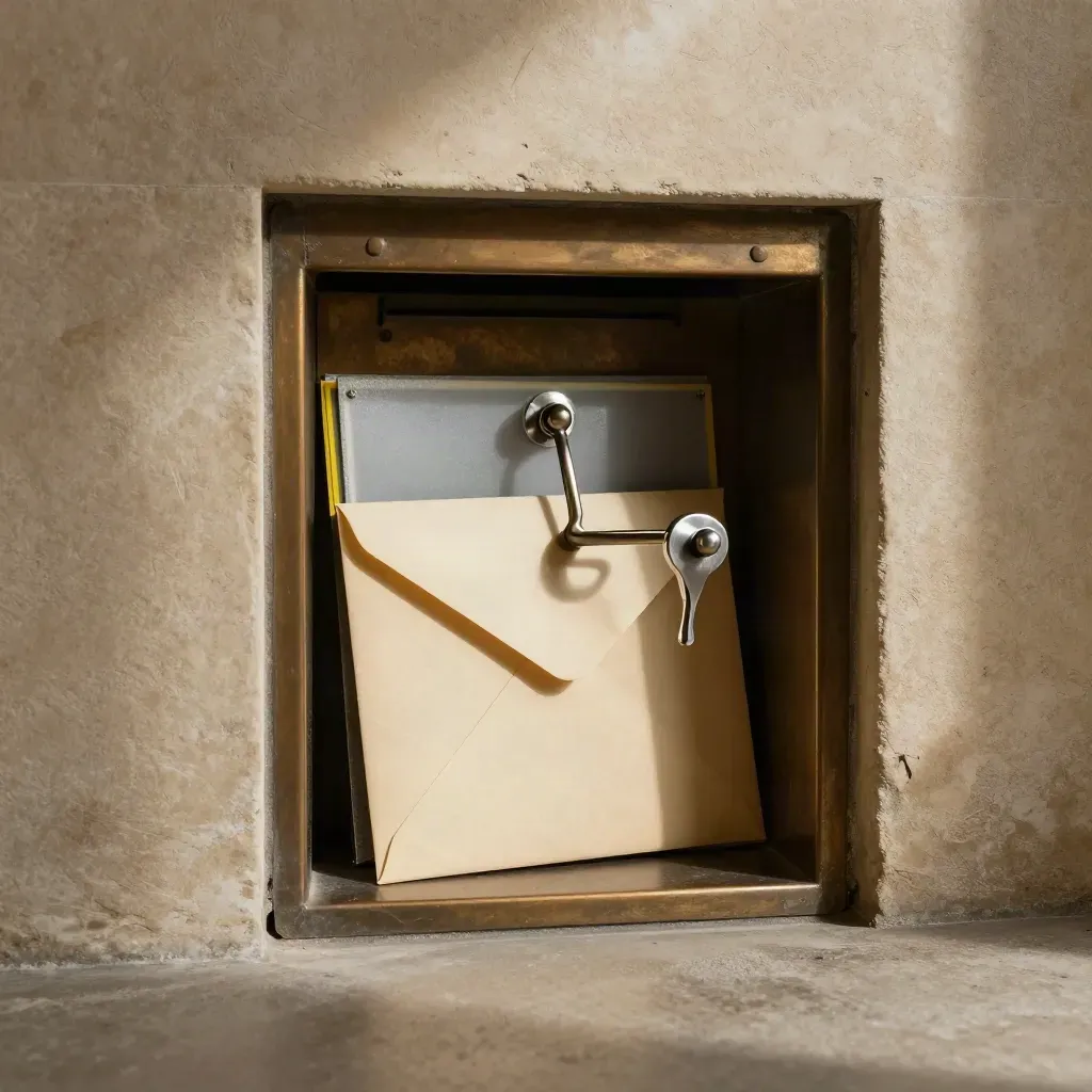 Mailbox nook with envelope, privacy screen, closed folder and key hook in a moody corridor alcove.