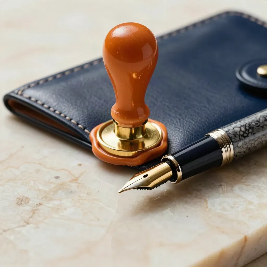 Brass desk seal, navy leather wallet, fountain pen and wax puck on pale limestone.