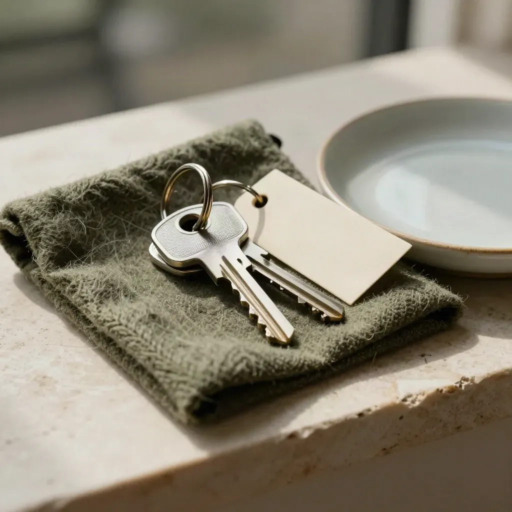 Close-up of house keys, wool cloth, blank tag and ceramic tray on limestone.
