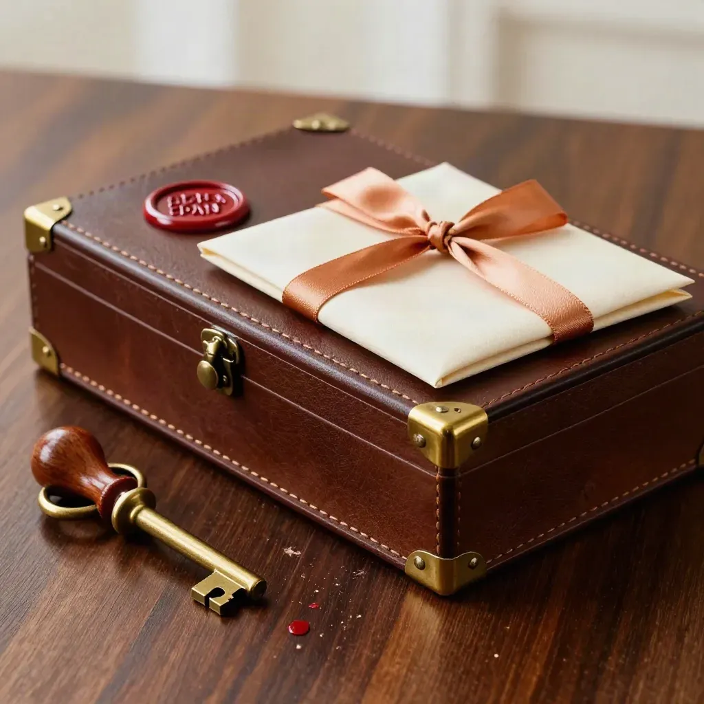 Walnut still life with a document box, brass key, sealing wax, and an ochre ribboned packet.