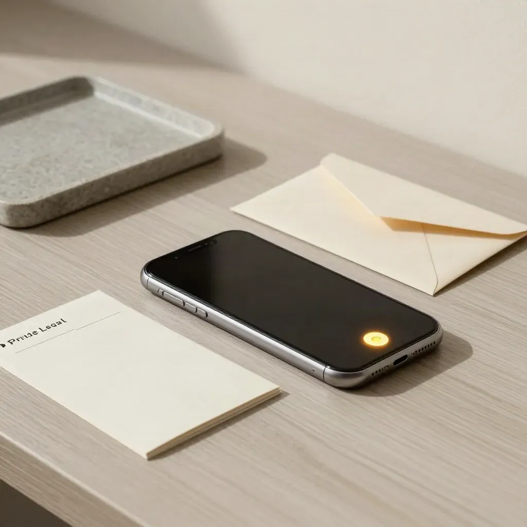 Smartphone, cream envelope and appointment sleeve on stone tray on pale wood, lit by a first call.