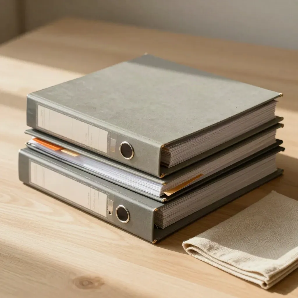 Legal binders with steel paperweight, tab dividers and linen blotter on pale oak, softly lit