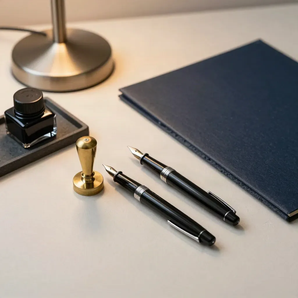 Legal drafting still life with a brass stamp, ink pad, fountain pen, and folder beside a lamp