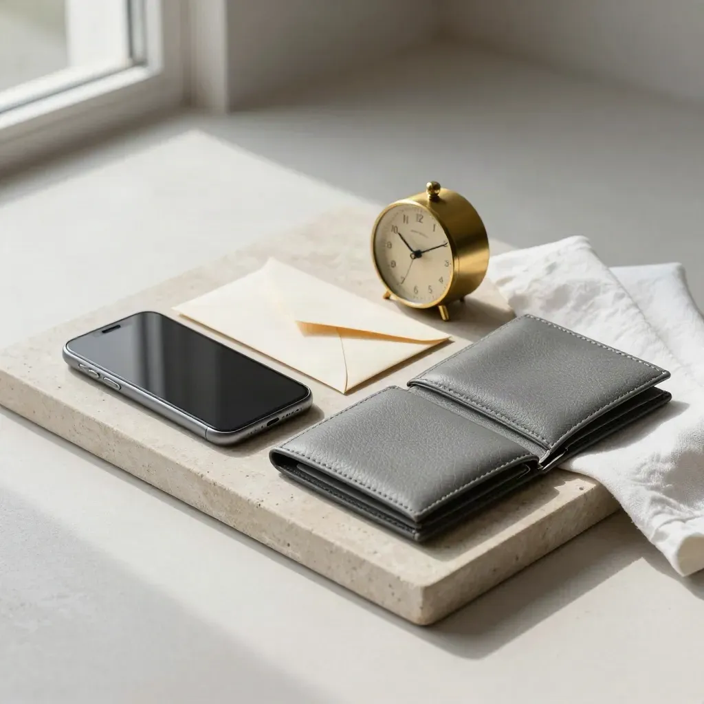 Phone, sealed envelopes, brass timer and file wallets on a pale stone tray