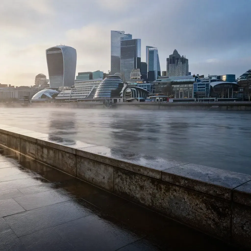 Rain-hazed Thames and City skyline at dawn, seen from a wet high riverbank in London.