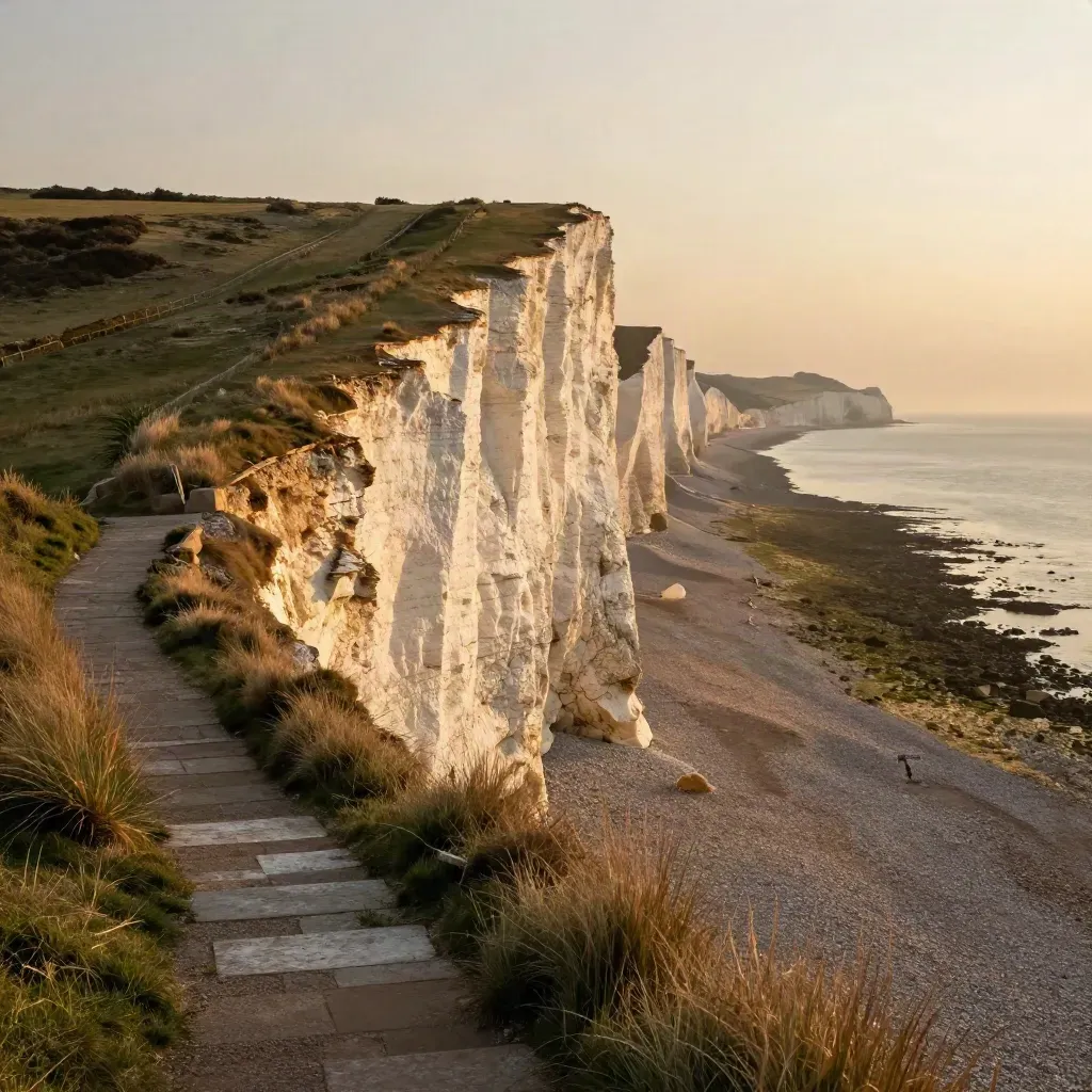Golden-hour view of Brighton’s chalk cliffs above a calm hazy seafront.
