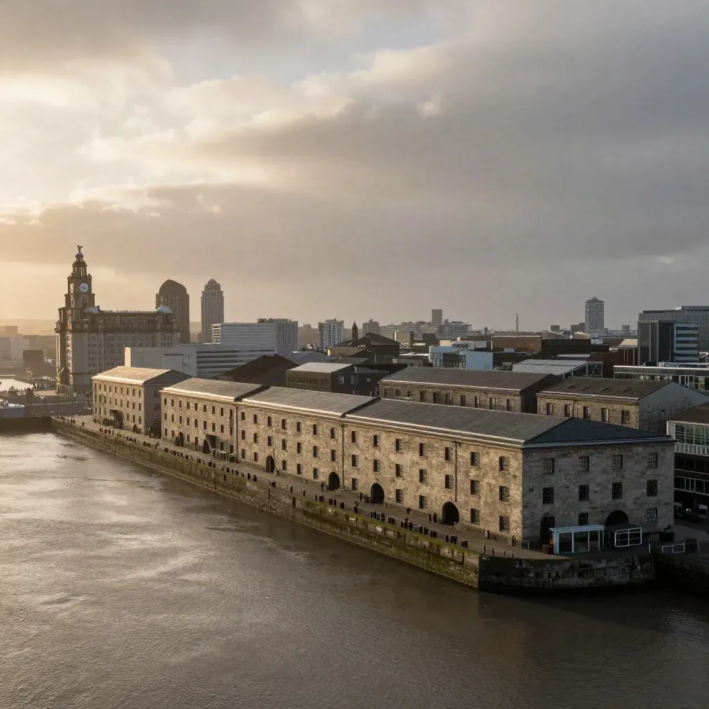 Liverpool waterfront at sunset with hazy docks and calm Mersey under heavy cloud.