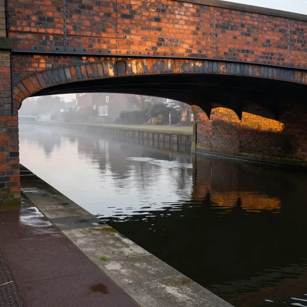 Birmingham canal brickwork, iron bridges and dark water patterns in warm evening haze